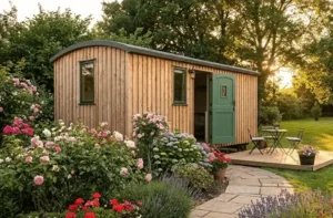 Shepherd's hut next to flowers in garden