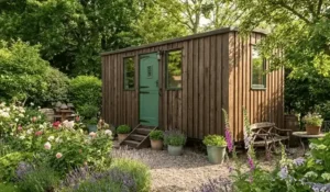 Shepherd's hut in wood at end of garden