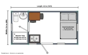 4.8m shepherd’s hut floor plan with bathroom, kitchenette and small double bed layout