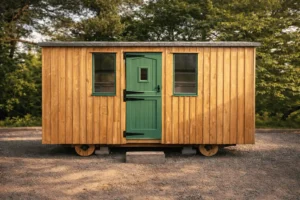 4.8m x 2.4m shepherd’s hut with timber cladding, green door and window exterior