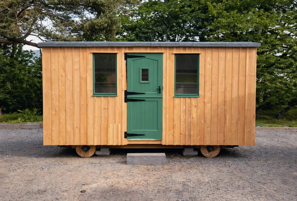 2.4m x 4.8m shepherd’s hut with timber cladding, green door and window exterior