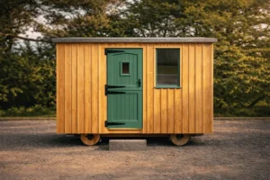 3.6m x 2.4m shepherd’s hut with timber cladding, green door and window exterior