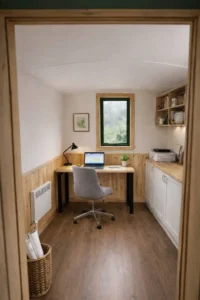 Shepherd’s hut interior configured as a home office with desk, shelving and window view