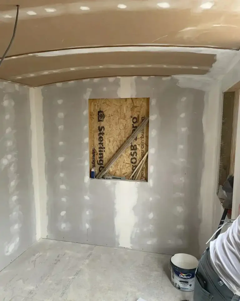 Shepherds hut plasterboard filler paint prep